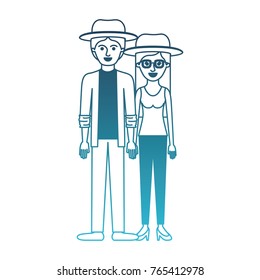 couple in degraded blue silhouette and both with hat and pants and him with shirt and jacket and pants and shoes and her with blouse and heel shoes with long straight hair