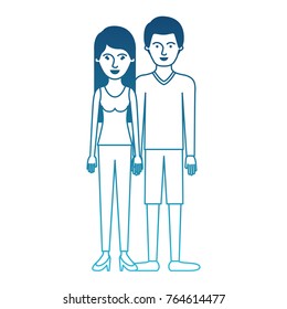 couple in degraded blue silhouette and her with t-shirt sleeveless and pants and heel shoes with long straight hair and him with sweater and short pants and shoes with short hair