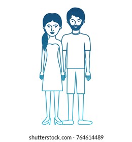 couple in degraded blue silhouette and her with strapless dress and heel shoes with pigtail hairstyle and him with t-shirt and short pants and shoes with short hair and beard