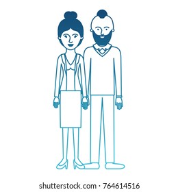 couple in degraded blue silhouette and her with blouse and jacket and skirt and heel shoes with collected hair and him with beard and sweater and pants and shoes with taper fade haircut