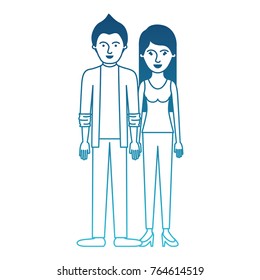 couple in degraded blue silhouette and him with shirt and jacket and pants and shoes with short hair and her with t-shirt sleeveless and pants and heel shoes with long straight hair