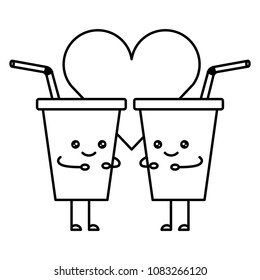 couple delicious drinks in plastic cup with straw kawaii character
