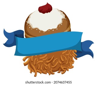 Un par de deliciosos platos para Hanukkah: sufganiyah y latke detrás de una plantilla de cinta azul vacía.