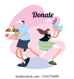 couple delivery of boxes with food vector illustration desing