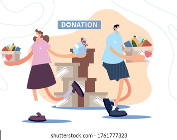 couple delivery of boxes with food vector illustration desing