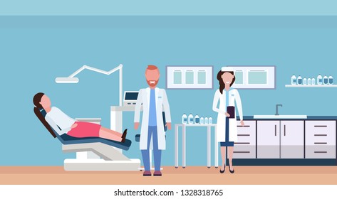 couple dentists examining woman patient lying in dentistry chair professional dental office modern clinic interior male female characters full length flat horizontal