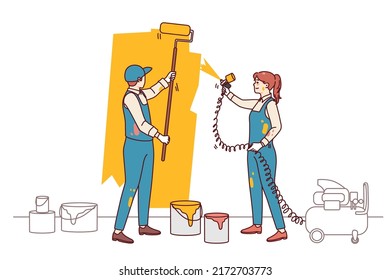 Couple designers paint wall involved in housing renovation. People renovate redecorate apartment. Interior design and decoration. Flat vector illustration.