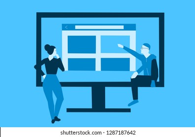 Couple designing a website in blue, man sitting on the frame of the screen altering the color of an image and the woman standing in front pondering the change.