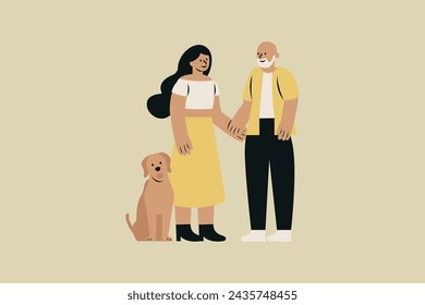 Pareja de diferentes edades con ilustración vectorial de perro