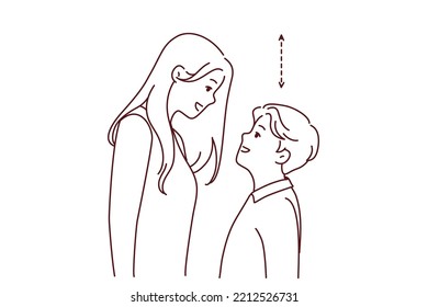 Couple With Different Height Look In Eyes. Tall Woman And Short Man Contrasting Height. Relationship Problem Concept. Vector Illustration. 