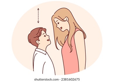 Couple with different height look in eyes. Tall woman and short man contrasting height. Relationship problem concept. Vector illustration.