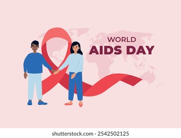 Couple of different nationalities supporting each other. Male and female holding hands. World AIDS day banner. Vector illustration in flat style.