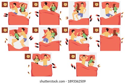 Couple in different sleeping positions in bed with pillow and blanket - isolated set of man and woman sleep pose variations seen from top view, flat vector illustration.