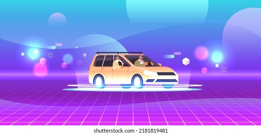 couple in digital glasses driving car vr vision headset innovation concept