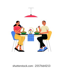 Couple Dining With Asian Noodles In Flat Vector Illustration Symbolizing Dining Experience, Culture, And Shared Moments, Isolated On White Background