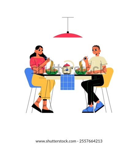 Couple Dining With Asian Noodles In Flat Vector Illustration Symbolizing Dining Experience, Culture, And Shared Moments, Isolated On White Background