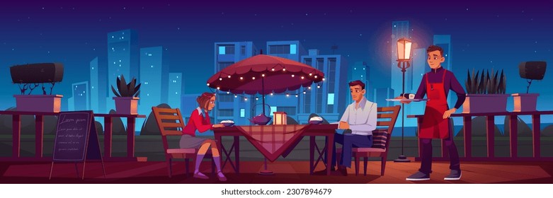 Couple dining in restaurant on romantic date. Vector cartoon illustration of young man and woman sitting at table on patio, waiter carrying sushi, city buildings on background, many stars on night sky