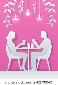 Couple dining at table in cafe paper cut style silhouettes with drinks pink background hanging lights leaves