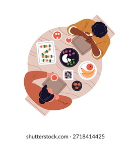 Pareja en la mesa de comedor, sentados y comiendo juntos. Hombre y mujer negros comiendo, vista superior. Personas compartiendo comida vegetariana, bocadillos. Ilustración vectorial plana aislada sobre fondo blanco