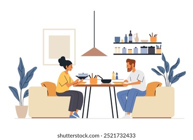 Couple dining together home kitchen interior cooking utensils plants minimalist decor cozy atmosphere