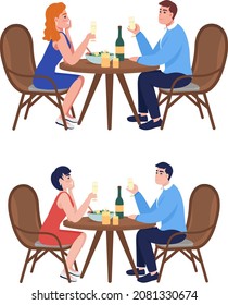 Couple at dinner semi flat color vector character set. Sitting figures. Full body people on white. Romance isolated modern cartoon style illustration for graphic design and animation collection