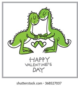 couple of dinosaurs. Love of cartoon dinosaurs. Heart. Postcard. Vector