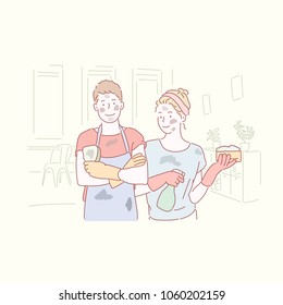 The couple is dirty after cleaning the house. hand drawn style vector doodle design illustrations.