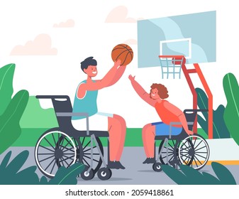 Un par de niños discapacitados paralizados jugando básquetbol sentados en sillas de ruedas, entrenamiento de atletas paralímpicos, juegos de niños discapacitados, actividades deportivas, entrenamiento. Ilustración de vectores de personas de caricatura