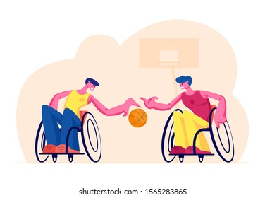 Couple of Disabled Paralyzed Men Playing Basketball Sitting on Wheelchairs, Athletes Training, Handicapped Characters Sports Spare Time Leisure Recreation. Cartoon Flat Vector Illustration