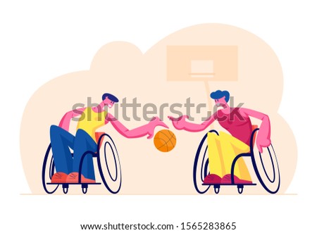 Couple of Disabled Paralyzed Men Playing Basketball Sitting on Wheelchairs, Athletes Training, Handicapped Characters Sports Spare Time Leisure Recreation. Cartoon Flat Vector Illustration