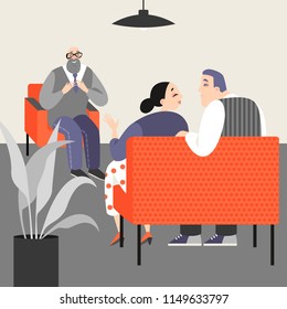 A couple discusses their problems at a psychotherapist's appointment. Family therapy. Vector illustration in a cartoon style.