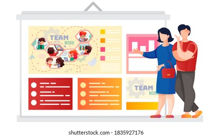 A couple are discussing cartoon employees at work. Business man and woman look at a poster with a picture of people and inscriptions. The managers evaluates the work of the staff. Teamwork concept