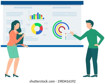 Couple discussing financial chart analytics. Man and woman brainstorming flipchart statistic diagram graphs. Presentation business strategy performance concept. People discussing pie chart with data