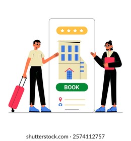 Couple Discussing Hotel Booking With Mobile App Interface In Flat Vector Illustration Symbolizing Travel Planning, Reservations, And Tourism, Isolated On White Background