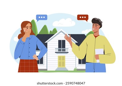 Couple discussing house purchase in flat graphic style on white background. Concept of real estate, home buying, and property investment. Vector illustration