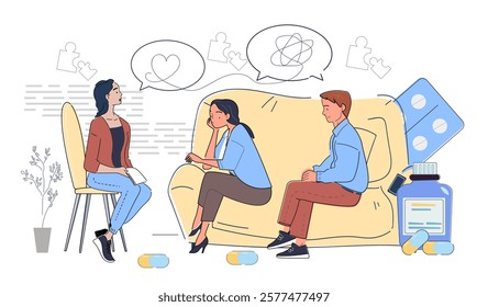 A couple discussing issues with a therapist, seated on a couch in a counseling session. Pills and medication bottles in the background. Flat cartoon line art vector illustration