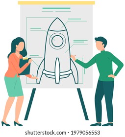 Couple discussing new project plan. Man and woman brainstorming rocket poster. Presentation of business strategy concept. People discussing business idea for startup on poster on background