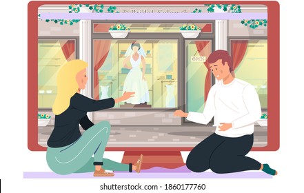 La pareja está discutiendo y planeando un futuro evento de boda. Tienda de mercadería y ropa festiva. Un hombre y una chica están sentados cerca de la computadora y hablando. Tienda de novias al fondo
