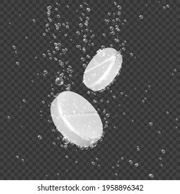 Couple Dissolving Medicine Pills. Effervescent Soluble Tablet Pills. Tablets Dissolve In Water Leaving A Bubble Trail. Vector 