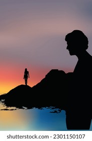 couple in the distance on the rock at sunset by the sea-