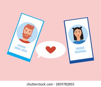 Couple distance, smartphone isolated. Flat vector illustration. Phone with social media, internet romance. Concept of internet dating, long distance couple, social media. Illustration with phone