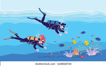 Couple of divers flat doodle illustration. People swimming underwater. Water activity. Extreme sports. Marine life observation. Indonesia tourism 2D cartoon character with outline for commercial use