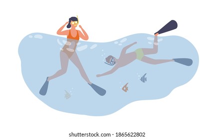 Couple diving and swimming underwater. Scene of summer vacation and activity. Flat vector cartoon illustration of scuba divers in masks and googles isolated on white background