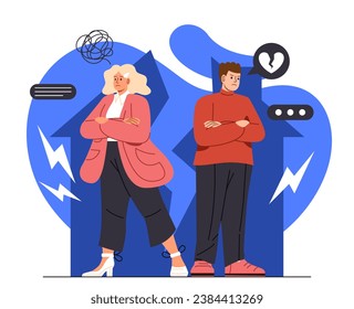 Couple in divorce concept. Man and woman with negative emotions. Young pair with broken heart after break up. Frustration and loneliness. Cartoon flat vector illustration isolated on white background