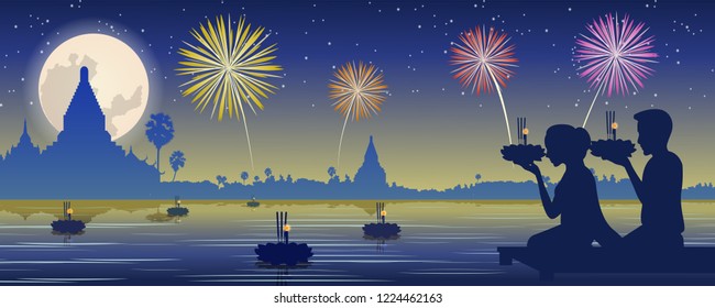 couple do Loy Krathong,Thai famous festival,believe to respect mother of river,vector illustration,full moon with temple and tree background,silhouette design