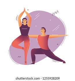 Couple do yoga together. Flat illustration
