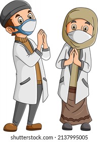 The couple doctor with the mask in the eid mubarak of illustration
