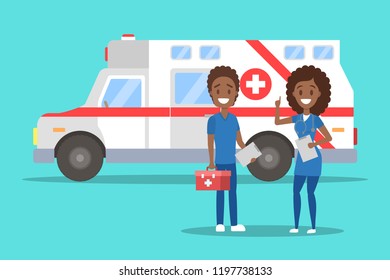 Couple of doctor standing in front of ambulance car. Emergency vehicle and medical professional with first aid kit. Vector flat illustration