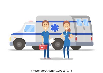 Couple of doctor standing in front of ambulance car. Emergency vehicle and medical professional with first aid kit. Vector flat illustration