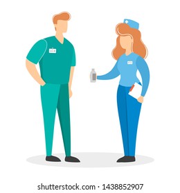 Couple of doctor in the uniform. Female and male character standing in medical costume. Isolated vector illustration in cartoon style